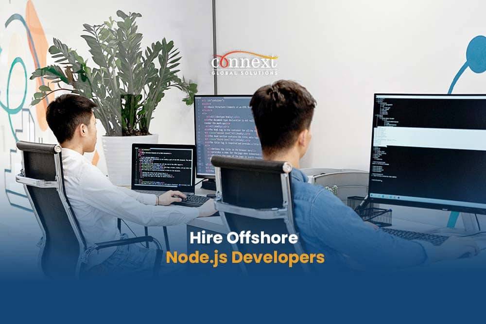 Hire Offshore Node.js Developers 2 people coding in corporate office