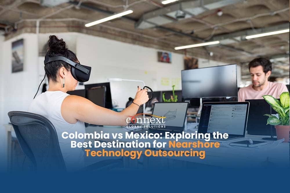 Colombia vs Mexico Exploring the Best Destination for Nearshore Technology Outsourcing office setting with people and laptops