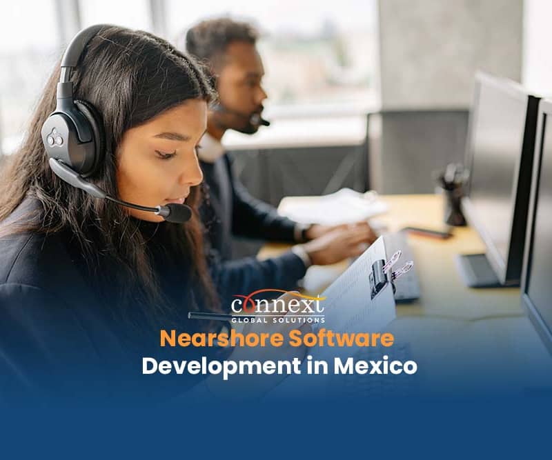 Nearshore Software Development in Mexico latina with headphones in office