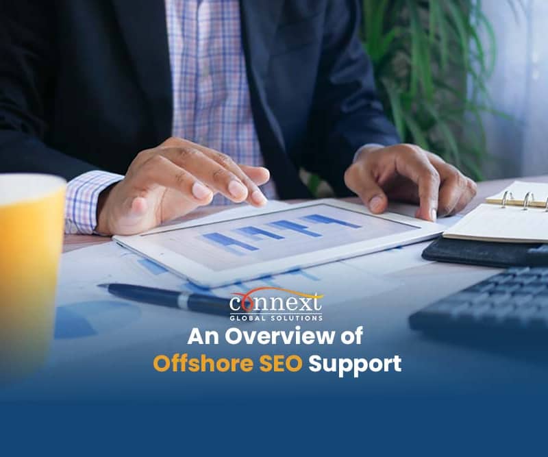 Offshore SEO Support bar graph man typing tablet corporate office