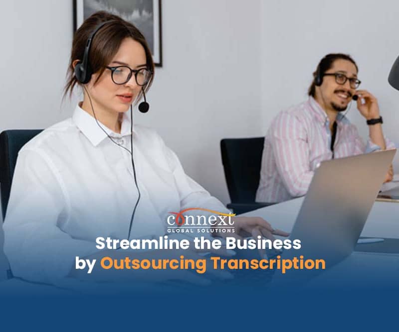 Streamline the business by outsourcing transcription woman and man using laptop typing and transcribing