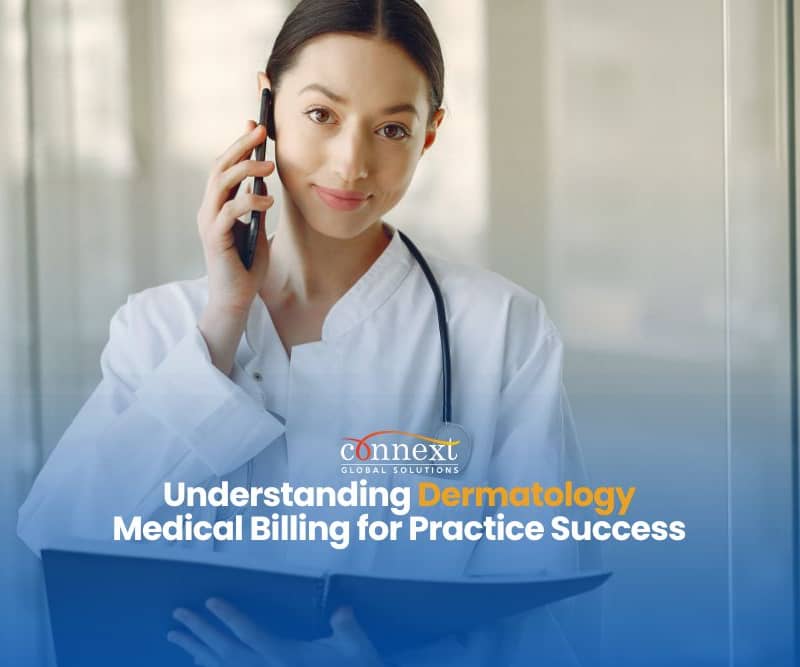 Understanding Dermatology Medical Billing for Practice Success female doctor in lab gown with stethoscope on a phone call in hospital